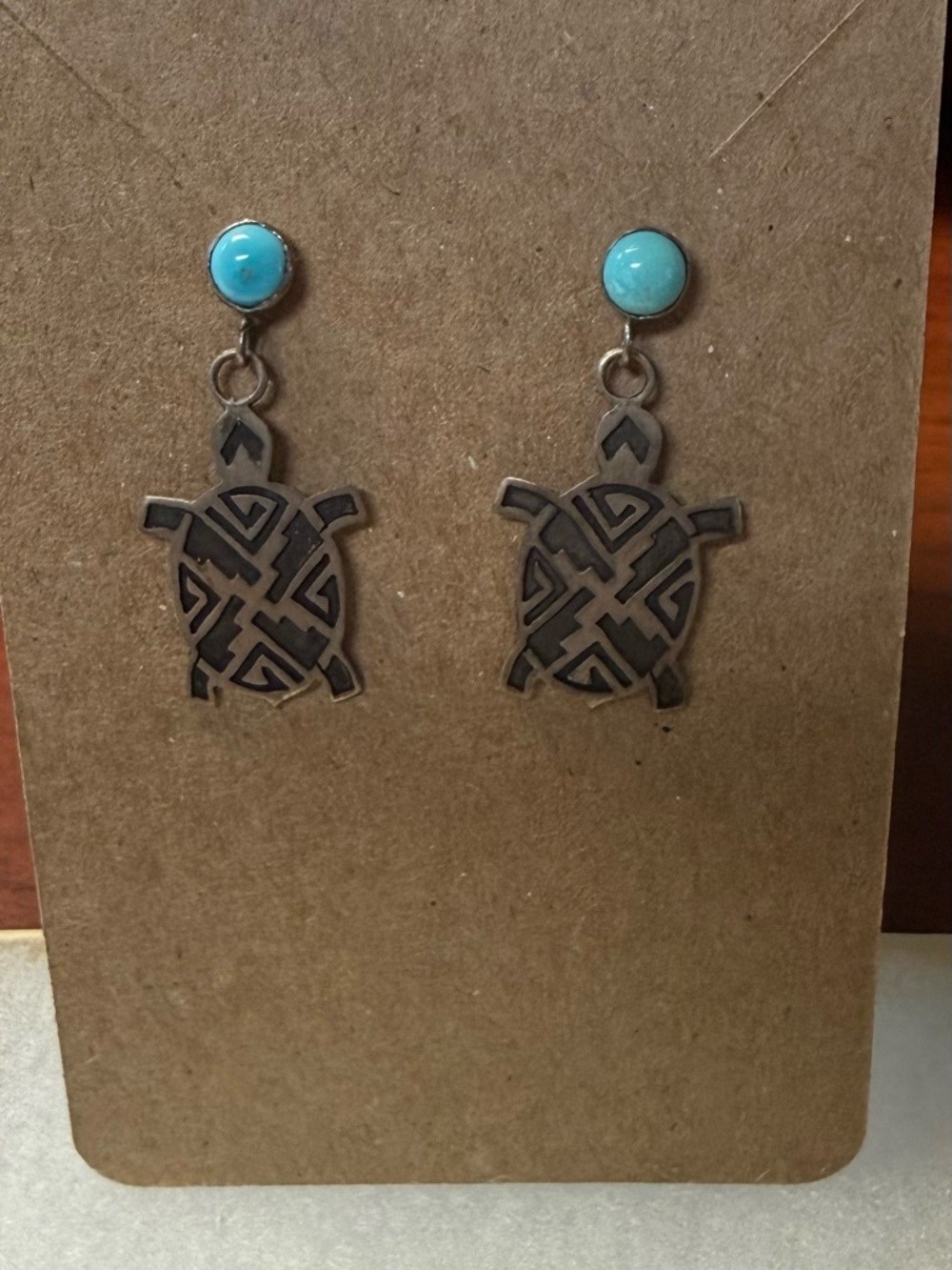 Navajo Turquoise and Silver Turtle Drop Earrings
